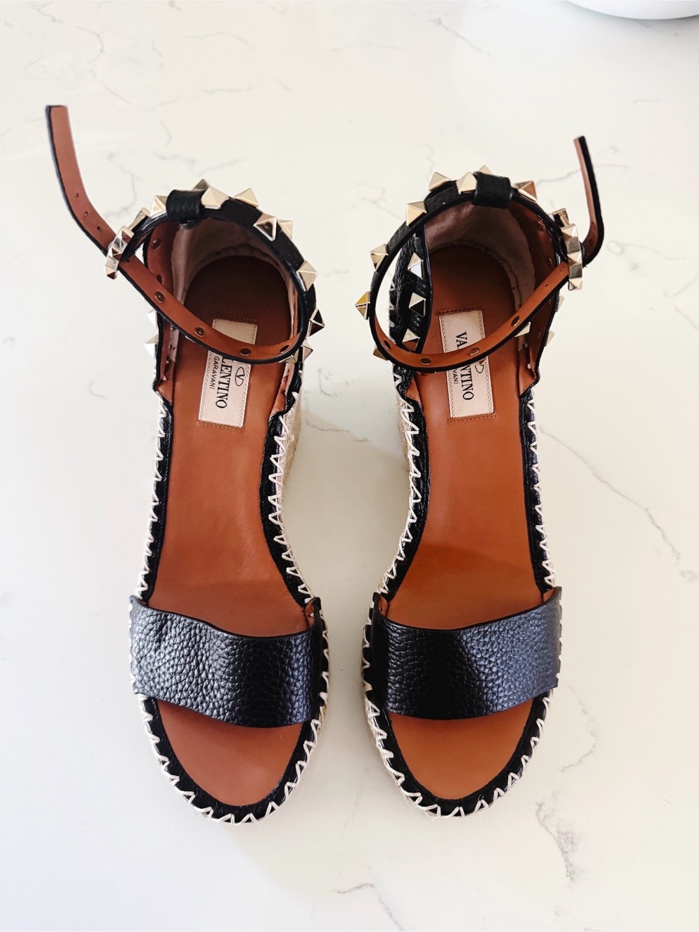 Valentino Garavani Black Leather Studded Espadrille Wedge Sandals - Picture 5 of 8